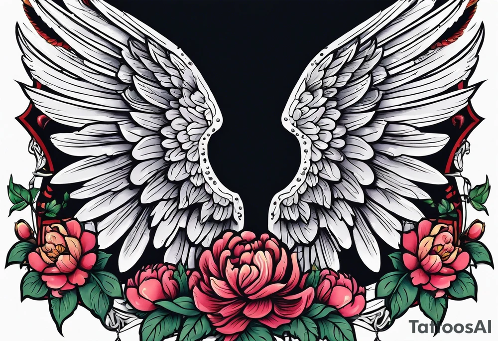 beautiful angel wings with colorful, peonies. beautiful flilligree in the background , full color, traditional old school , white background tattoo idea