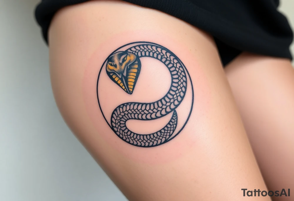 A highly detailed black and gold Ouroboros snake in cyrcle, with intricate scales and glowing eyes tattoo idea