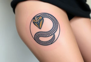 A highly detailed black and gold Ouroboros snake in cyrcle, with intricate scales and glowing eyes tattoo idea