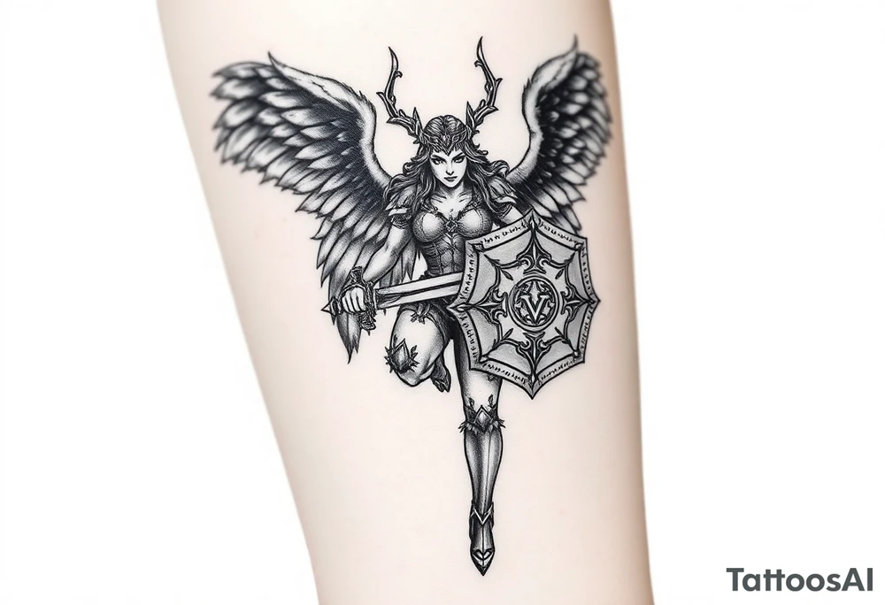 A fierce looking Valkyrie with very big dark wings. The whole body with legs should be visible. 
She's wielding a intricatelly decorated sword and a sturdy shield with a vegvisir symbol. tattoo idea