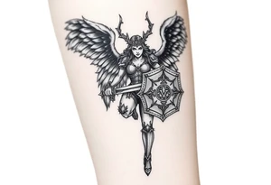 A fierce looking Valkyrie with very big dark wings. The whole body with legs should be visible. 
She's wielding a intricatelly decorated sword and a sturdy shield with a vegvisir symbol. tattoo idea