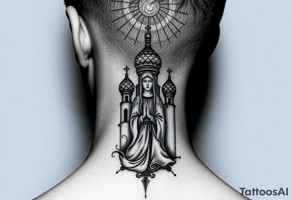 Flowing Scene

A single onion dome rising up toward the ear
Virgin Mary in prayer pose wrapping around the lower neck curve
A small eagle or just the star tucked above the dome near the hairline tattoo idea