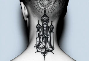 Flowing Scene

A single onion dome rising up toward the ear
Virgin Mary in prayer pose wrapping around the lower neck curve
A small eagle or just the star tucked above the dome near the hairline tattoo idea