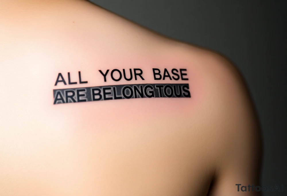 "Tattoo of a corrupted .txt file:  
Visible text: 'ALL YOUR BASE ARE BELONG TO US'  
Corrupted parts: 'IFUCK10' repeated in hex-code.  

Style: Data moshing. Black ink, forearm." tattoo idea