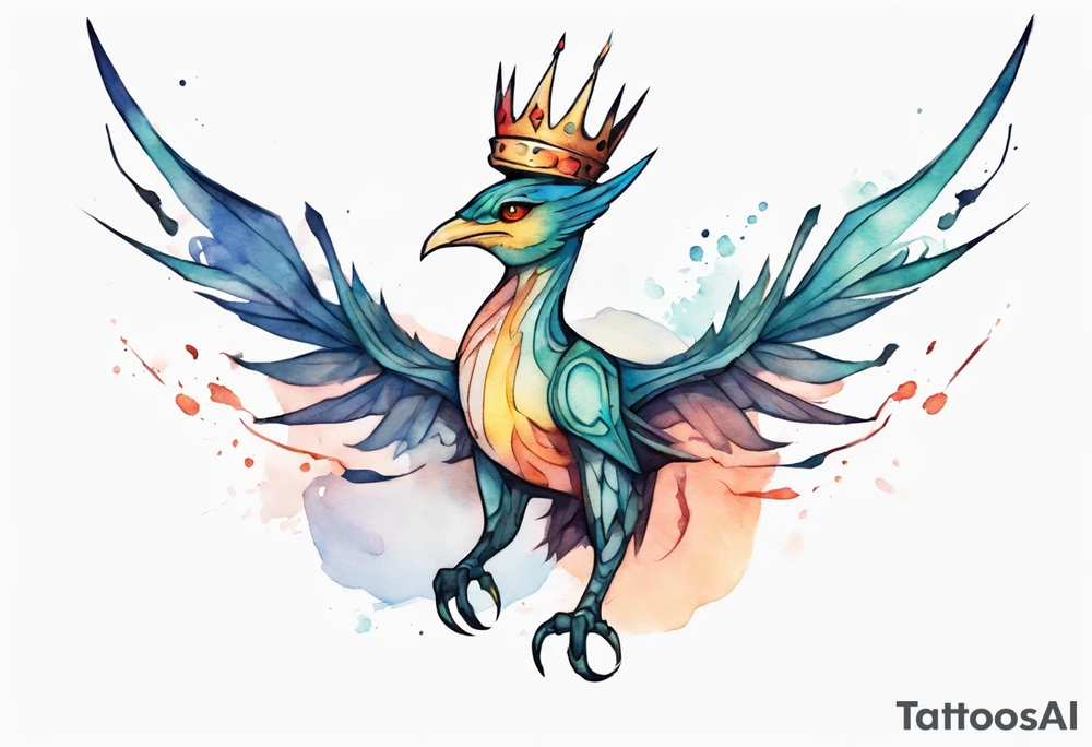 a bird-wyvern hybrid wearing a minimalist crown, flying tattoo idea