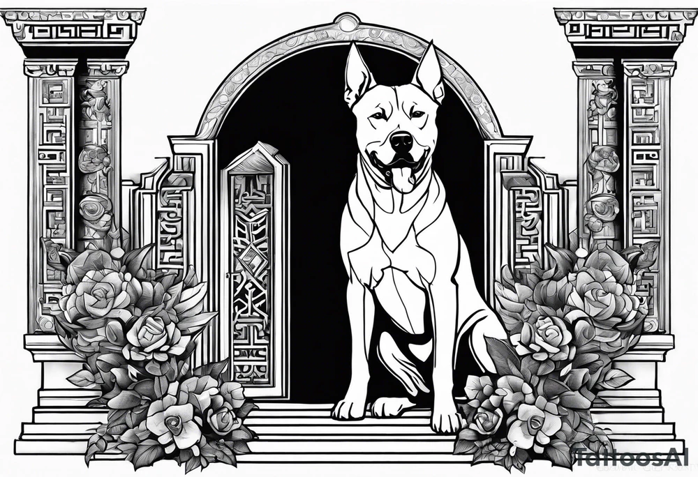 Querberus, coming out of a greek portal, middle head is a pitbull, right head is a doberman, left head is a husky tattoo idea