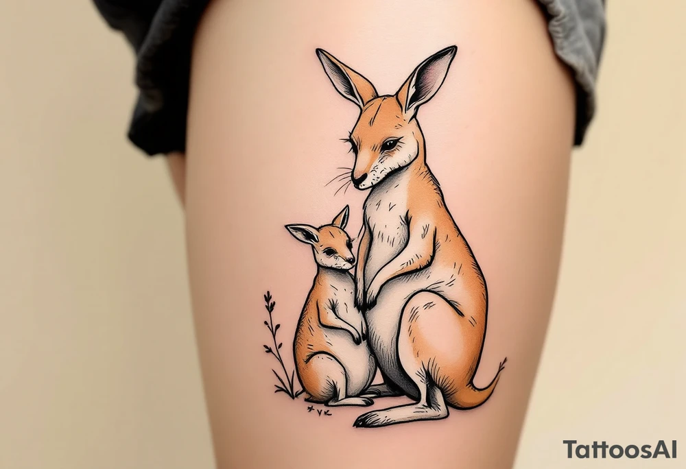 A kangaroo in warm beige carrying her joey in her pouch illustrates safety, nurturing, and constant closeness. tattoo idea