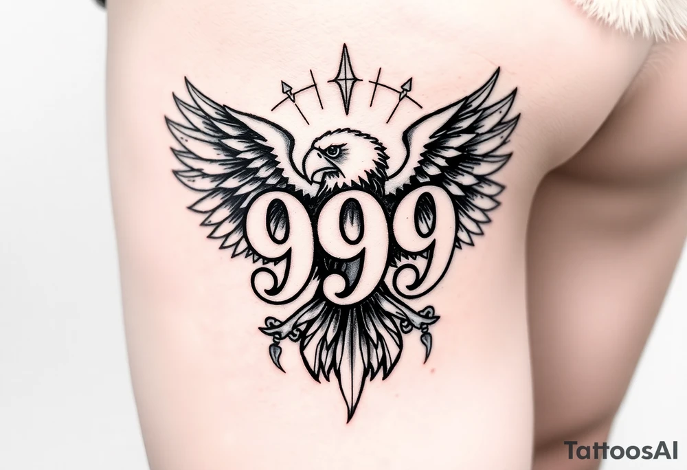 The number 999 in the middle with a majestic eagle around it on the lower thigh tattoo idea