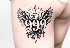 The number 999 in the middle with a majestic eagle around it on the lower thigh tattoo idea