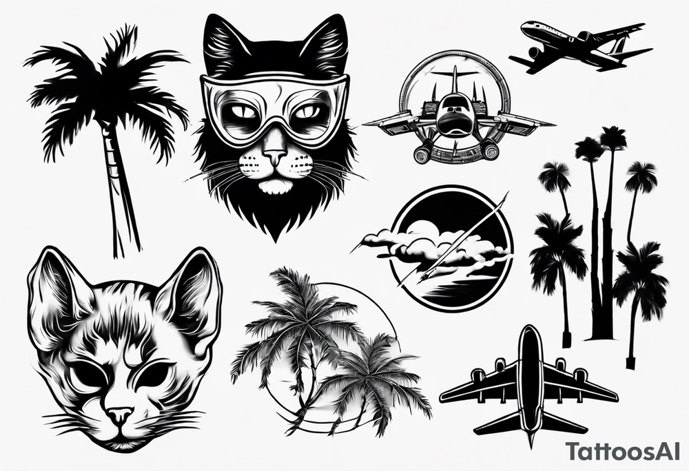 cat in a mask with palm trees and airplanes in the background tattoo idea