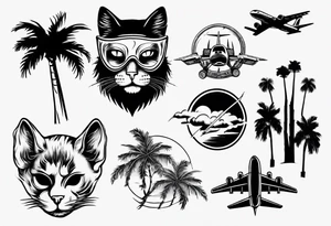 cat in a mask with palm trees and airplanes in the background tattoo idea