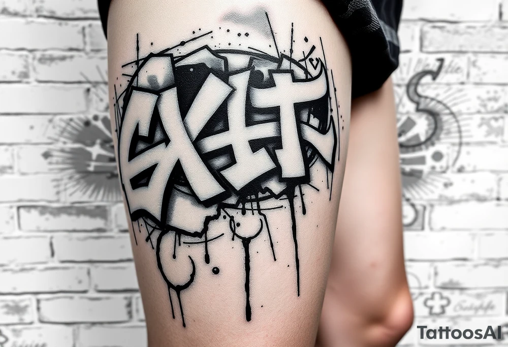 Graffiti style tattoo FULL thigh Using brick wall as a background and then graffiti Over the top, I do not want a lot of color so just primarily black white and gray with a little bit of red tattoo idea