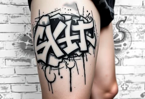 Graffiti style tattoo FULL thigh Using brick wall as a background and then graffiti Over the top, I do not want a lot of color so just primarily black white and gray with a little bit of red tattoo idea