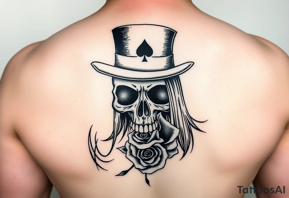 A skull with long straight hair wearing a top hat with an ace of spades in the brim and a rose in its mouth tattoo idea