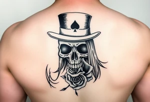A skull with long straight hair wearing a top hat with an ace of spades in the brim and a rose in its mouth tattoo idea