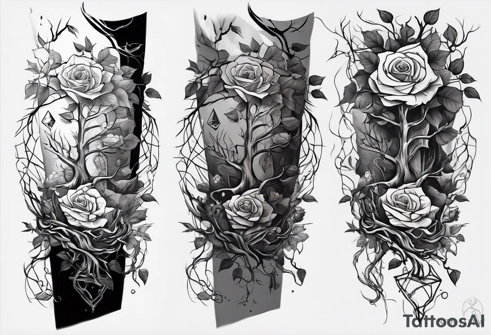 tattoo fool sleeve, old broken gothic home, broken sword, tree roots break out of the chains, roses tattoo idea