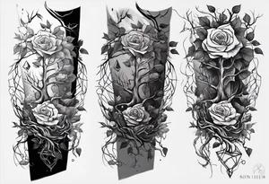 tattoo fool sleeve, old broken gothic home, broken sword, tree roots break out of the chains, roses tattoo idea