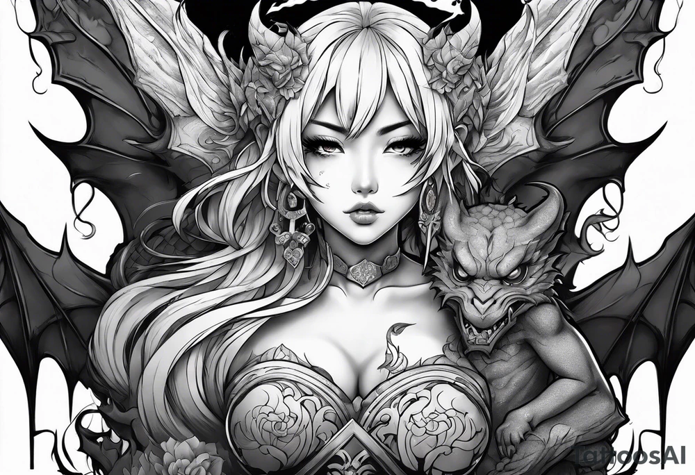 2 dimensional art of a bleeding anime girl surrounded by an asian gargoyle tattoo idea