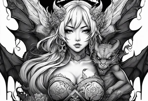 2 dimensional art of a bleeding anime girl surrounded by an asian gargoyle tattoo idea