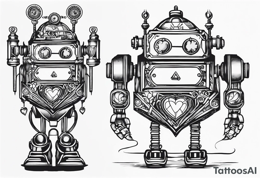 steampunk robot with a real heart tattoo idea