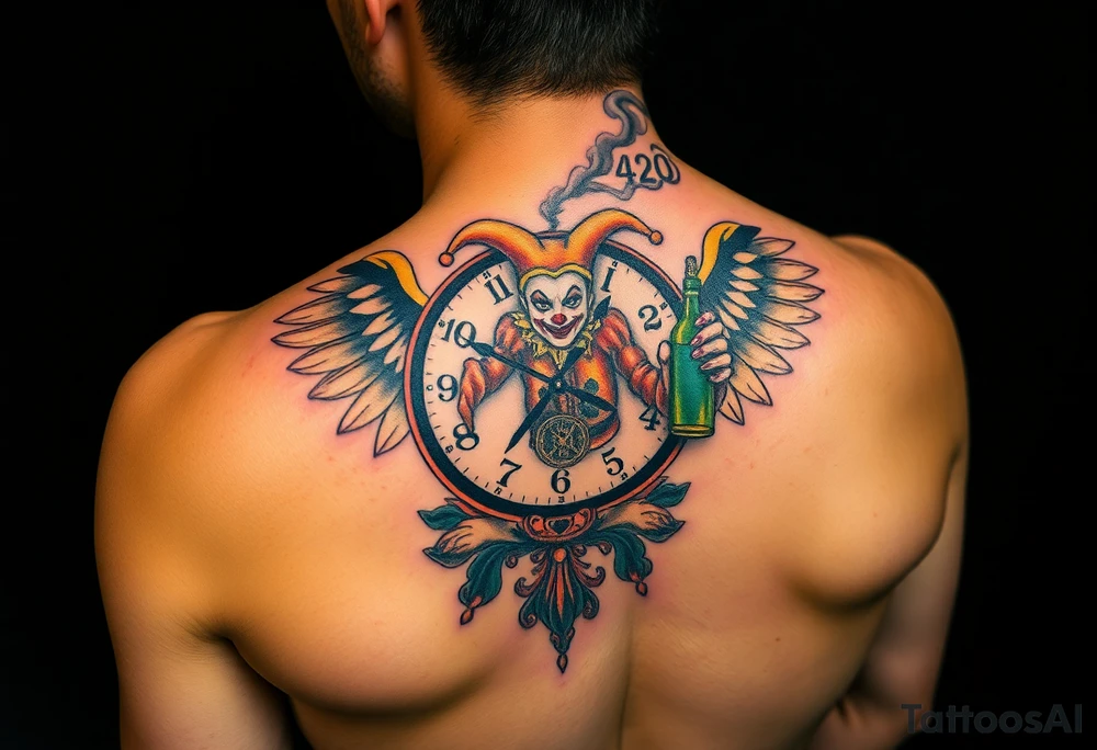 a jester clown floating in smoke with a  clock, the time says 420,  with two open wings besides the clock, smoke as the spring rising from the clock, a jester clown coming out the smoke, smoking in one hand with a liquor bottle on the other hand tattoo idea