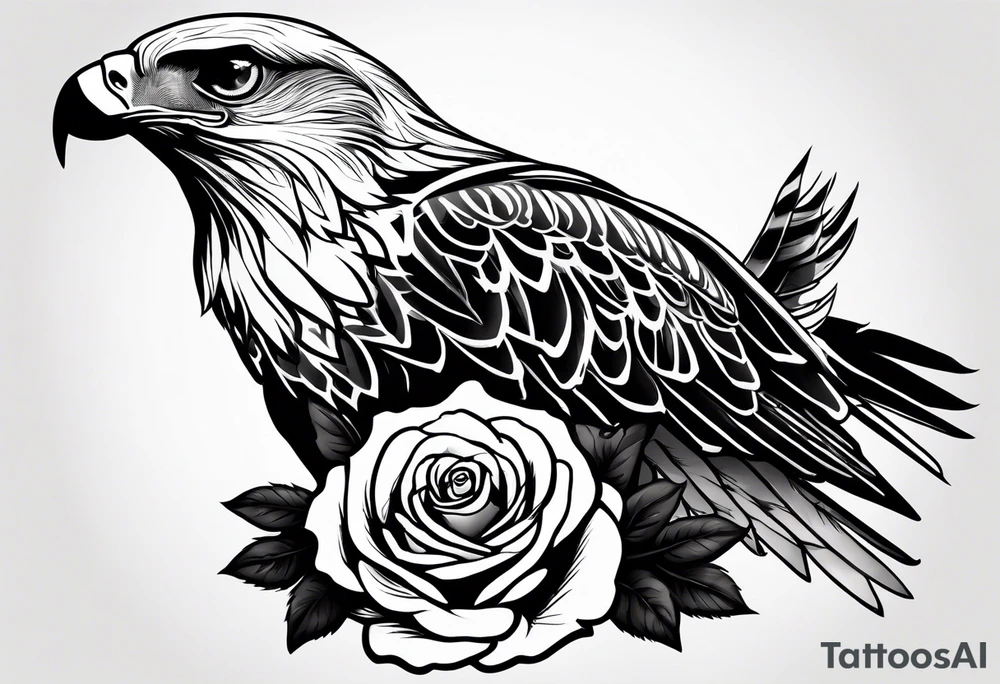Hawk landing down from the side with rose in mouth tattoo idea