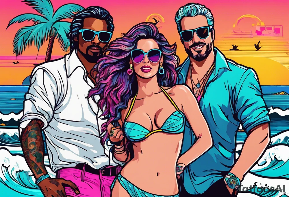 1980's miami vice style beach dance 
party, include confetti, music notes, boom box, bikinis sunset in the center tattoo idea