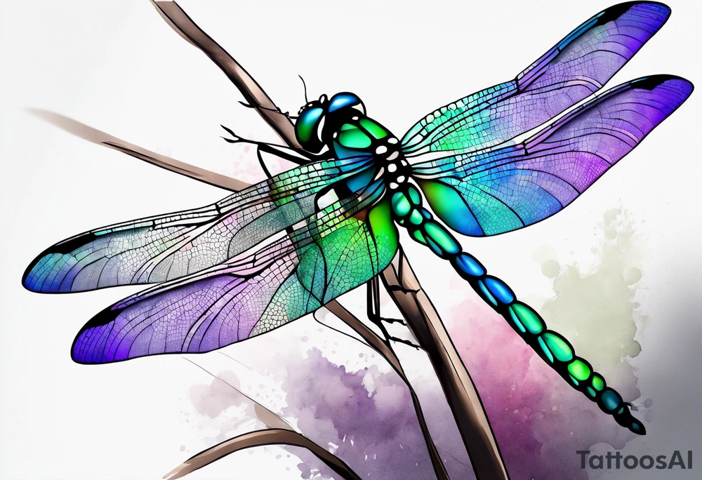 Purple green blue dragonfly, watercolors, minimalistic tattoo idea