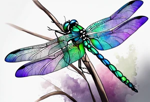 Purple green blue dragonfly, watercolors, minimalistic tattoo idea