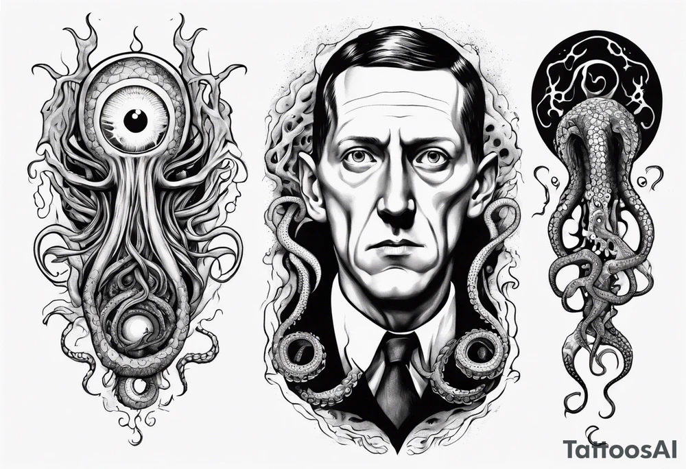 lovecraft long tattoo to put on the forearm, with eye and tentacle tattoo idea