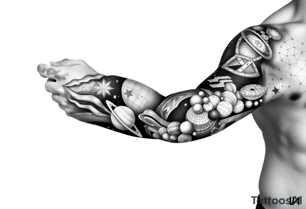 outer space, planets, geometric patterns, string theory tattoo idea