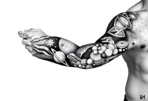 outer space, planets, geometric patterns, string theory tattoo idea
