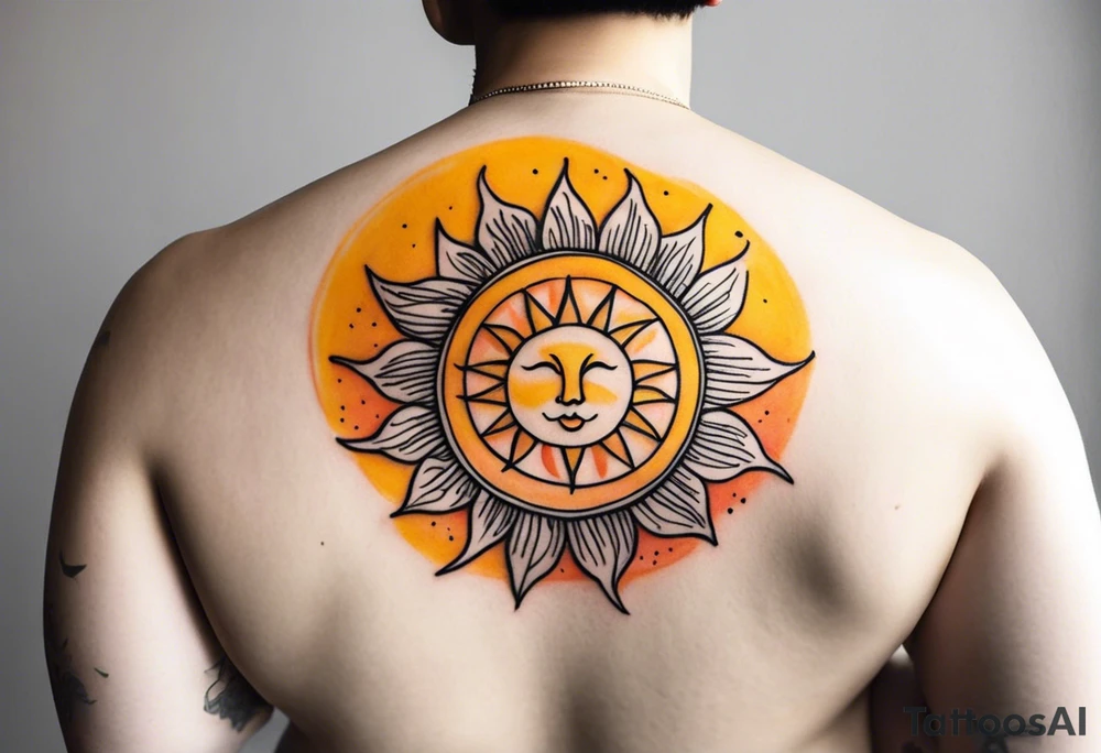 Draw me a beautiful sun tattoo 
May the tattoo be pleasant, optimistic and positive.
Location: Above a man's chest tattoo idea