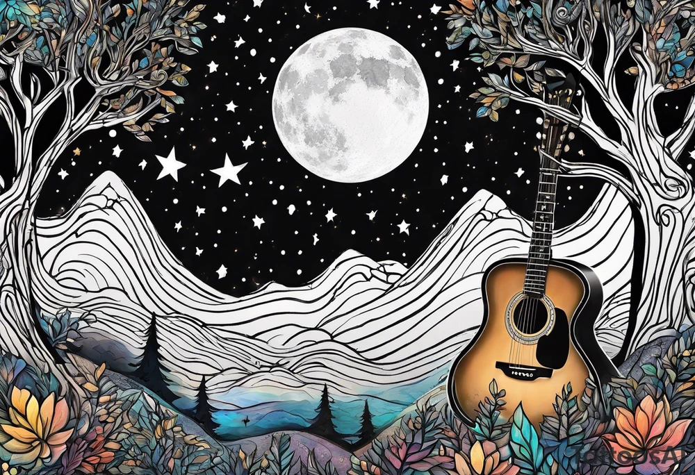 acoustic black guitar made out of trees and a night sky with a bright star tattoo idea