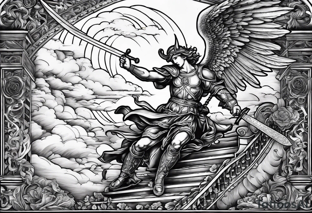 Arm sleeve of St Michael plunging a sword into the devil which is laying on the stairway to heaven. tattoo idea
