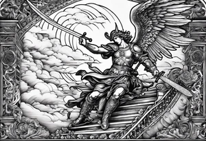 Arm sleeve of St Michael plunging a sword into the devil which is laying on the stairway to heaven. tattoo idea