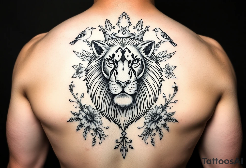 powerful majestic lion with a crown, surrounded by floral ornaments and birds tattoo idea
