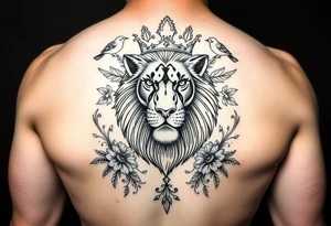 powerful majestic lion with a crown, surrounded by floral ornaments and birds tattoo idea