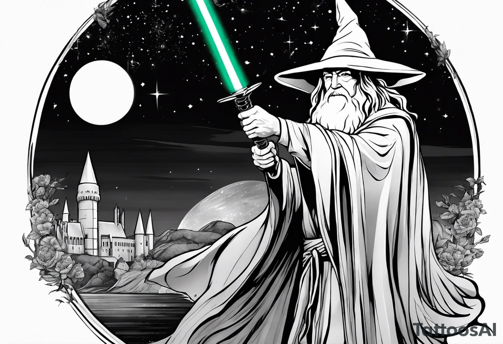 Gandalf wielding lightsaber, hogwarts in background. tattoo idea