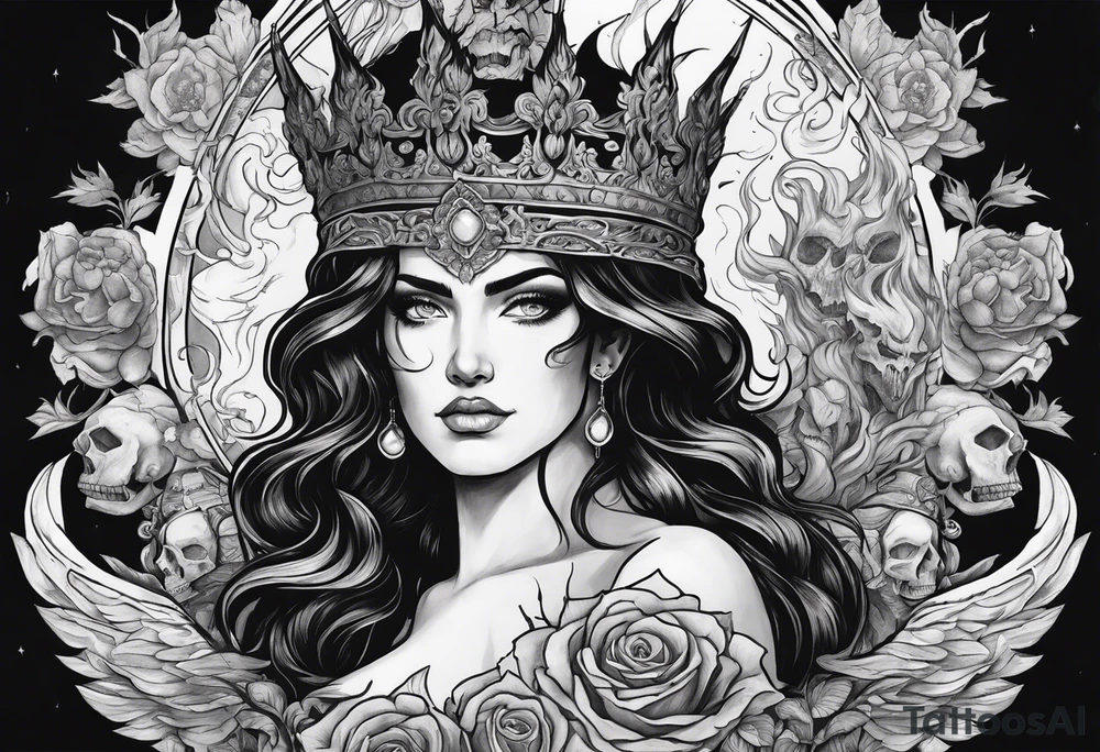 Hades wearing a black crown and Persephone in Hell surrounded by skulls and fire tattoo idea
