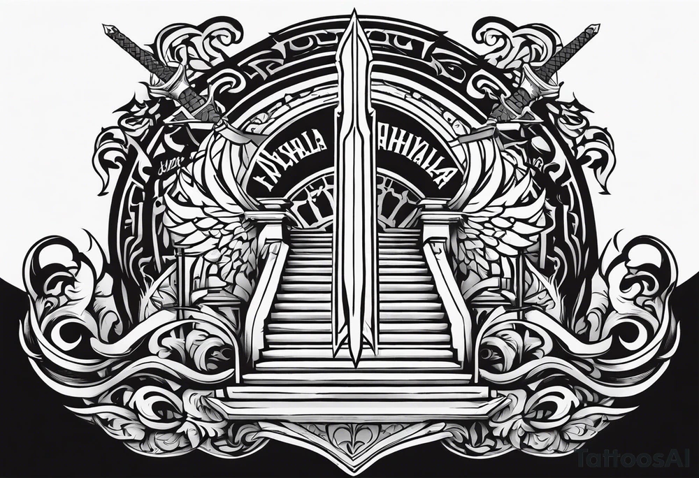 Valhalla fire sword shield stairs tattoo idea