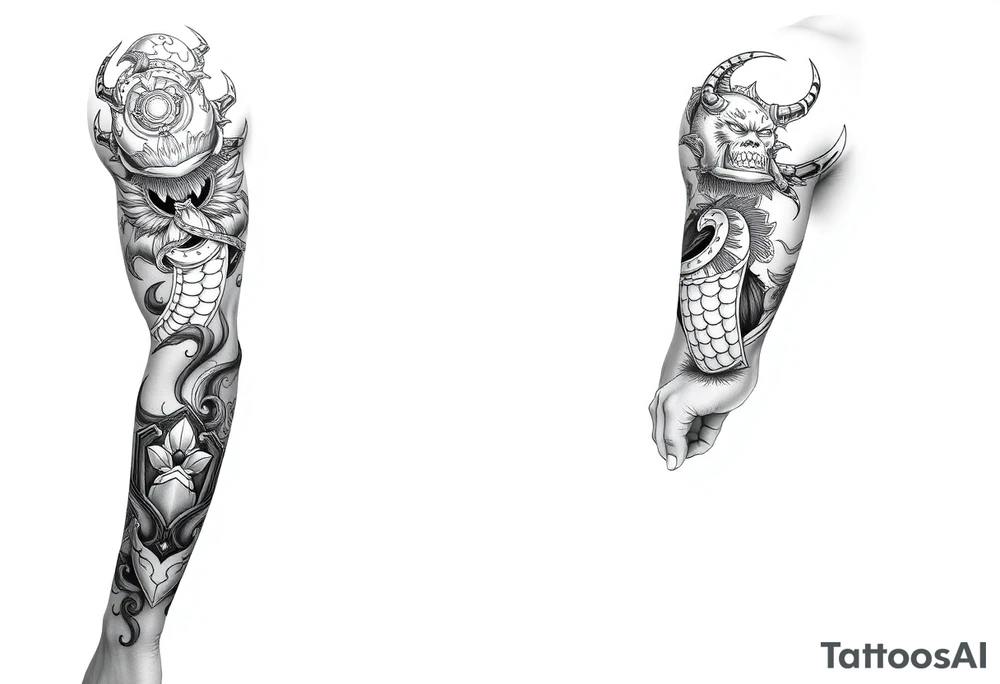 Full leg tattoo with jujutsu, Kaisen, solo leveling and demon slayer ideas tattoo idea