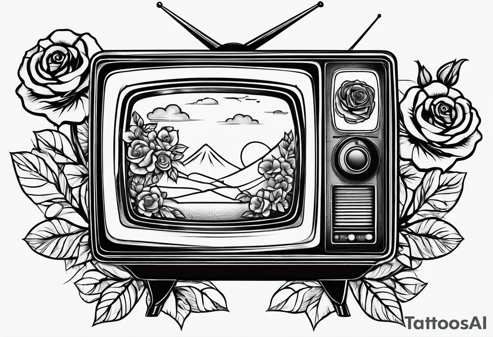 Fine line simple Retro TV with roses tattoo idea