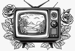 Fine line simple Retro TV with roses tattoo idea