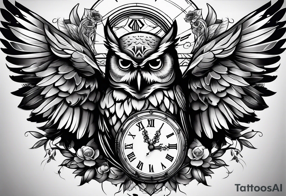 owl with a clock and skull tattoo idea