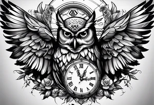 owl with a clock and skull tattoo idea