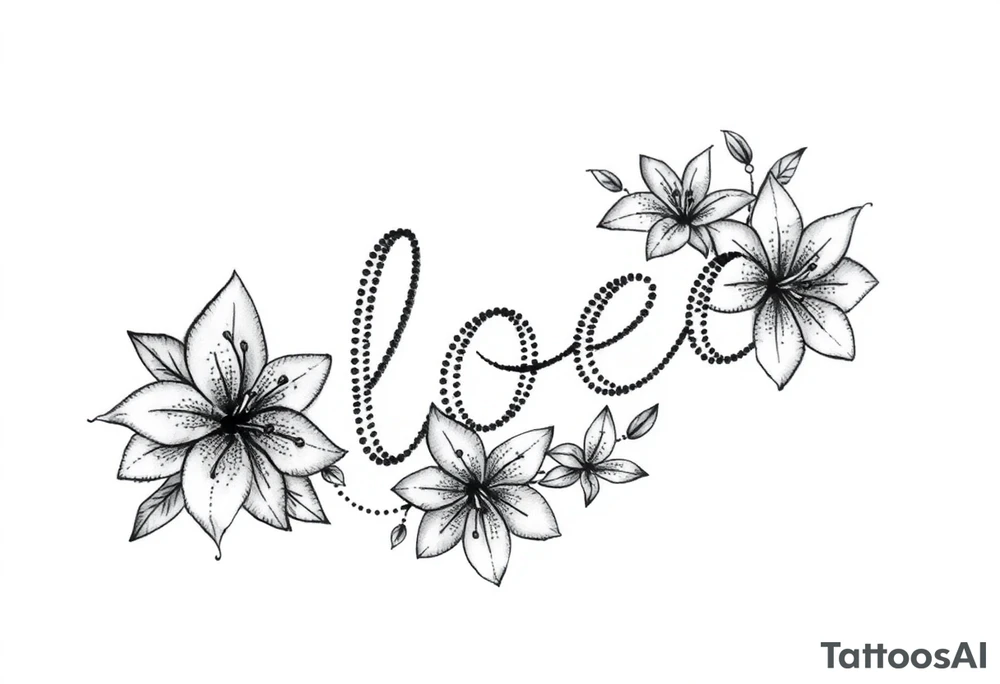 The word Kloee surrounded by lily flowers tattoo idea