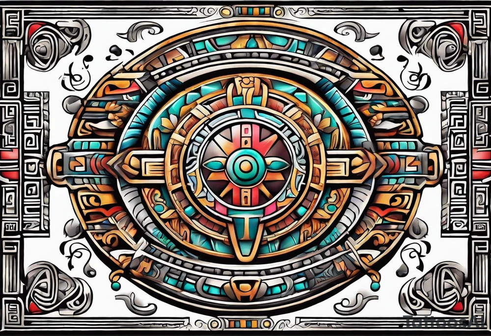 Colorful simple ancient Mayan hieroglyph tattoo idea