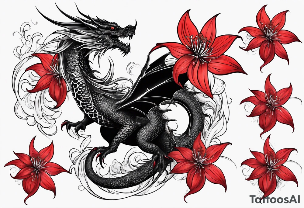 Black Dragon, 
Red Spider Lily, Arm tattoo tattoo idea