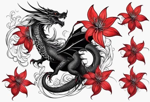 Black Dragon, 
Red Spider Lily, Arm tattoo tattoo idea